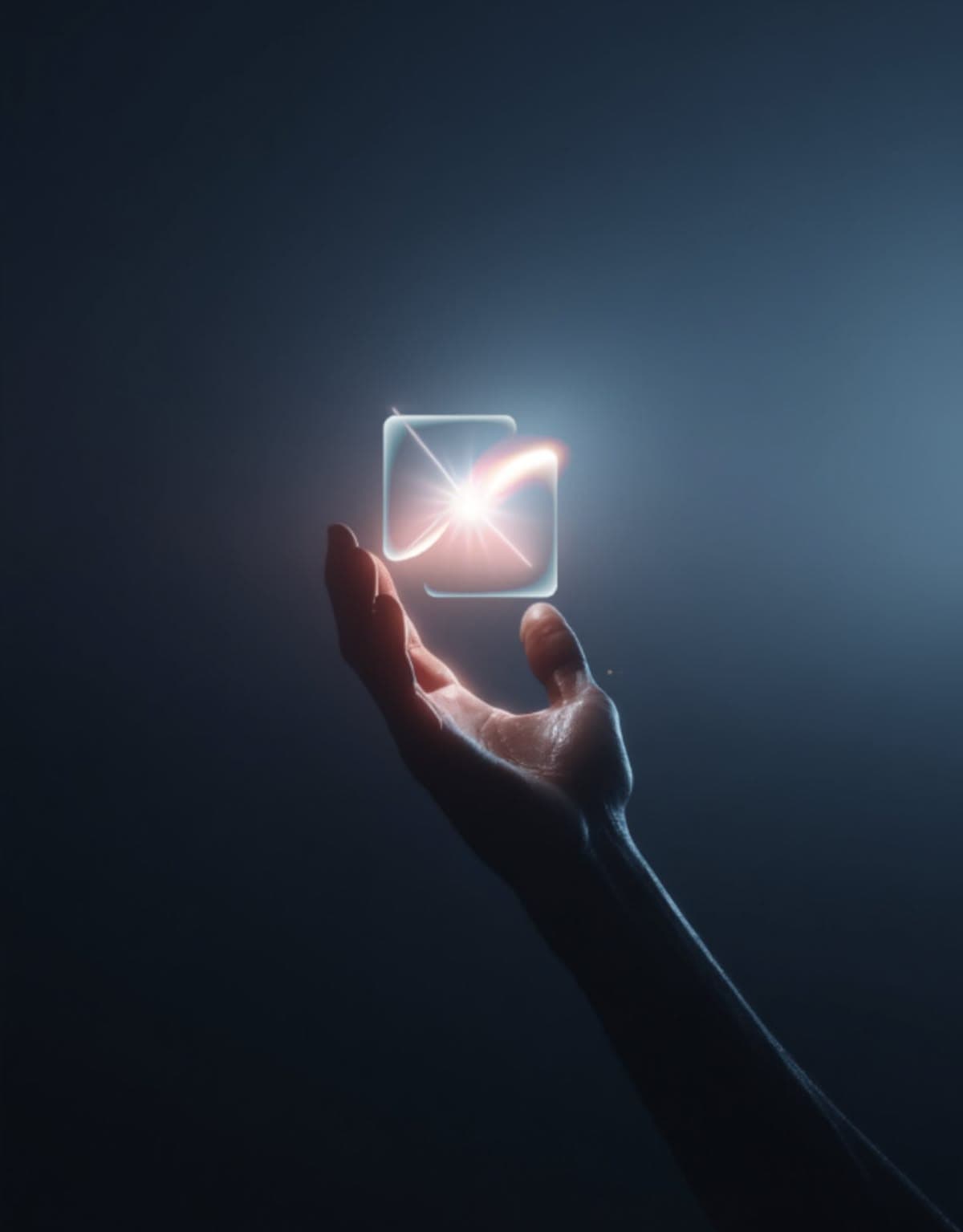 A hand reaching toward a glowing AI icon in the dark